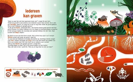 Kleurrijke illustratie van bosdieren in het kinderboek &#039;Speuren in het Bos&#039;.