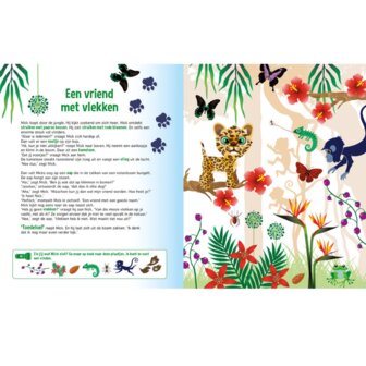  Kleurrijke jungle-zoekplaat in het kinderboek &#039;Speuren in de Jungle&#039;.