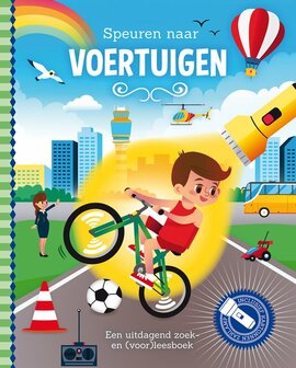 Kinderboek &#039;Speuren naar Voertuigen&#039; met kartonnen zaklamp en vrolijke illustraties.