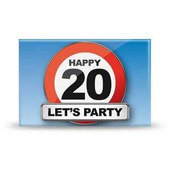 Vrolijke magneet met de tekst &#039;Happy 20 - Let&#039;s Party&#039;, perfect voor een 20-jarige.