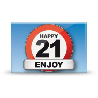 Vrolijke magneet met de tekst &#039;Happy 21 Enjoy&#039;, ideaal voor het vieren van 21 jaar