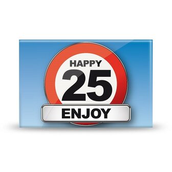 Vrolijke magneet met de tekst &#039;Happy 25 Enjoy&#039;, ideaal als cadeau voor 25-jarigen