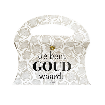 Stijlvolle verpakking van de &#039;Je bent goud waard&#039; toffees, perfect voor een betekenisvol cadeau.