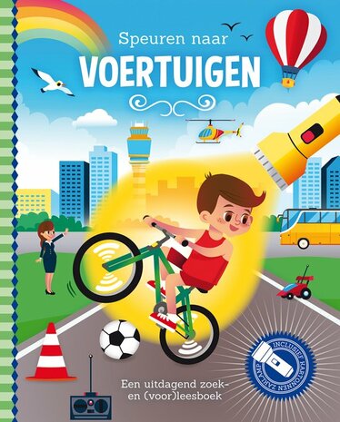 Kinderboek 'Speuren naar Voertuigen' met kartonnen zaklamp en vrolijke illustraties.