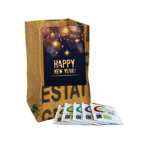 Theelichtje met zakjes thee - Happy New Year, met zakjes Fairtrade thee