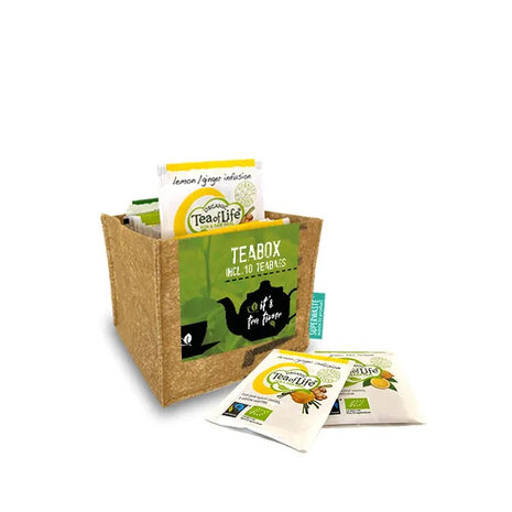 Fair trade thee zakjes en gerecyclede thee box uit India