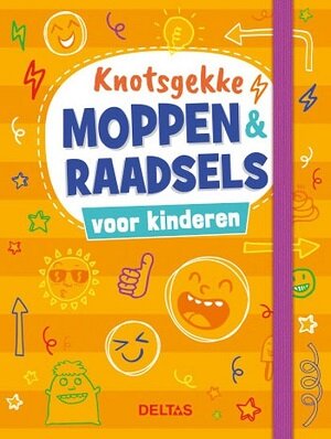 Knotsgekke Moppen & Raadsels Boek: Boekcover met vrolijke illustraties en elastische band