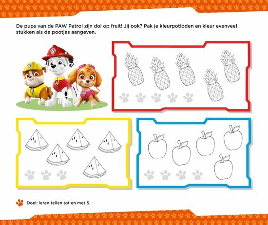 Close-up van een pagina uit het Paw Patrol telspelletjes boek